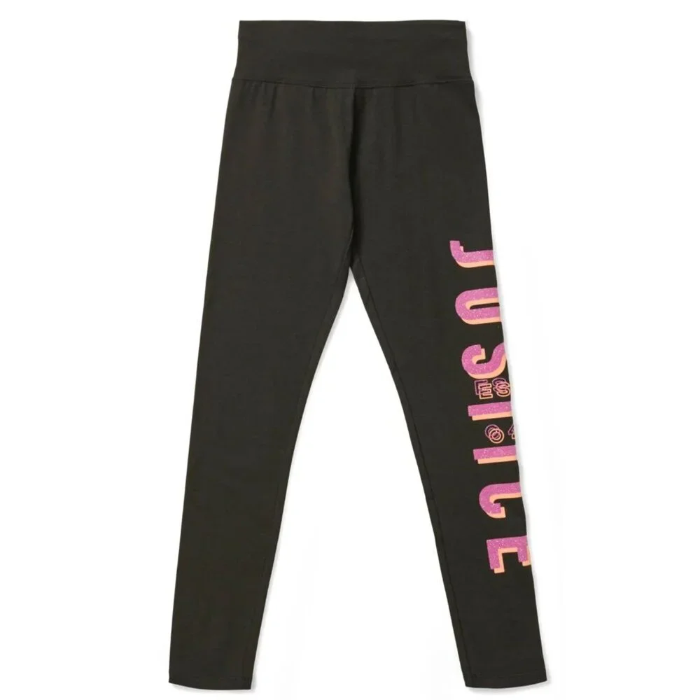 JUSTICE Graphic Leggings Glittery Logo Full Length GIRLS SIZE S 7-8 Black NEW